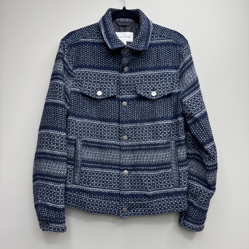 Sun + Stone Mens Small Navy Blue Geometric Southwestern Cotton Trucker Jacket